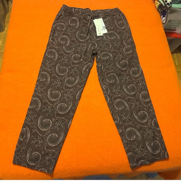 Zara burgundy and brown paisley high rise pajama style pants NWT - Picture 3 of 10